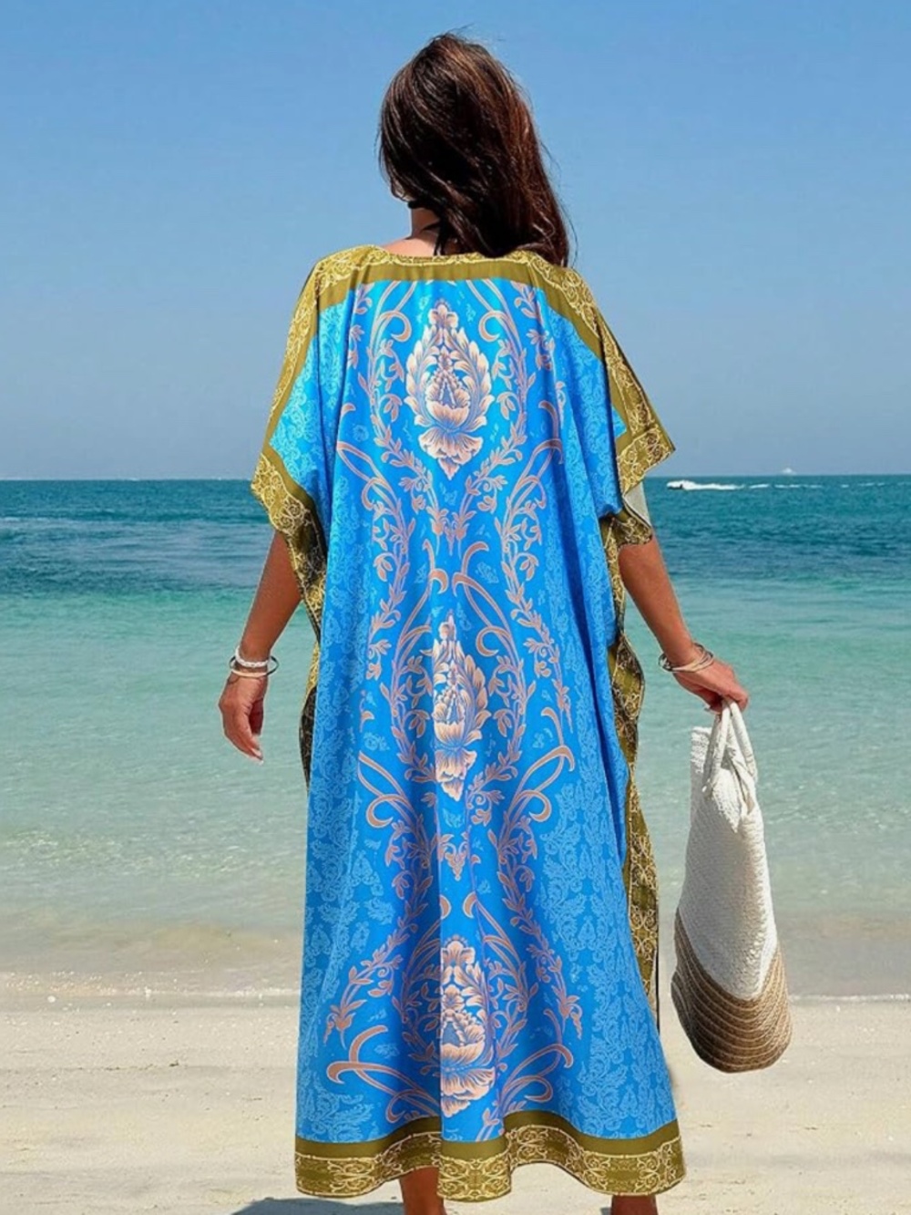 Womens moo moo dress Blue Floral Caftan with Olive Trim